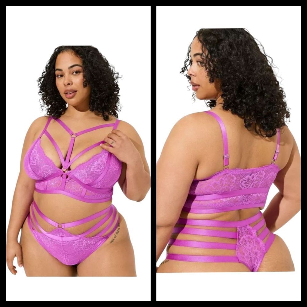 2X 18W 20W Purple Strappy Lace Bralette Panty Set Rhinestone Stretch Lingerie vi